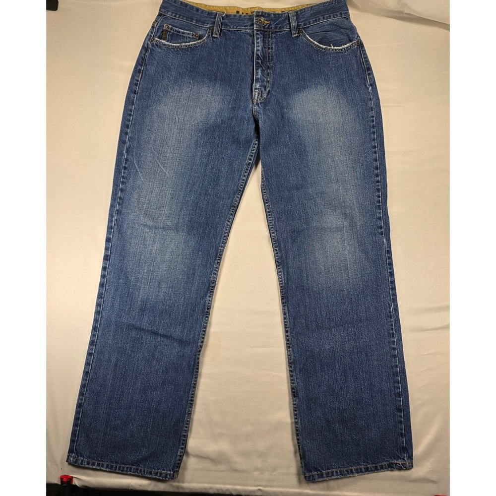 Iron Mens Mid Rise Loose Straight Jeans 36/34 Blue Denim Distressed Wash